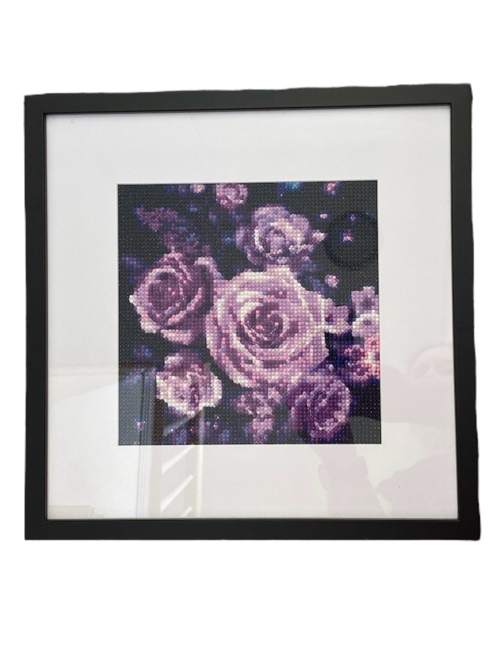 Hand Crafted Purple Rose Completed Diamond Painting Framed 12x12 Floral Wall Art